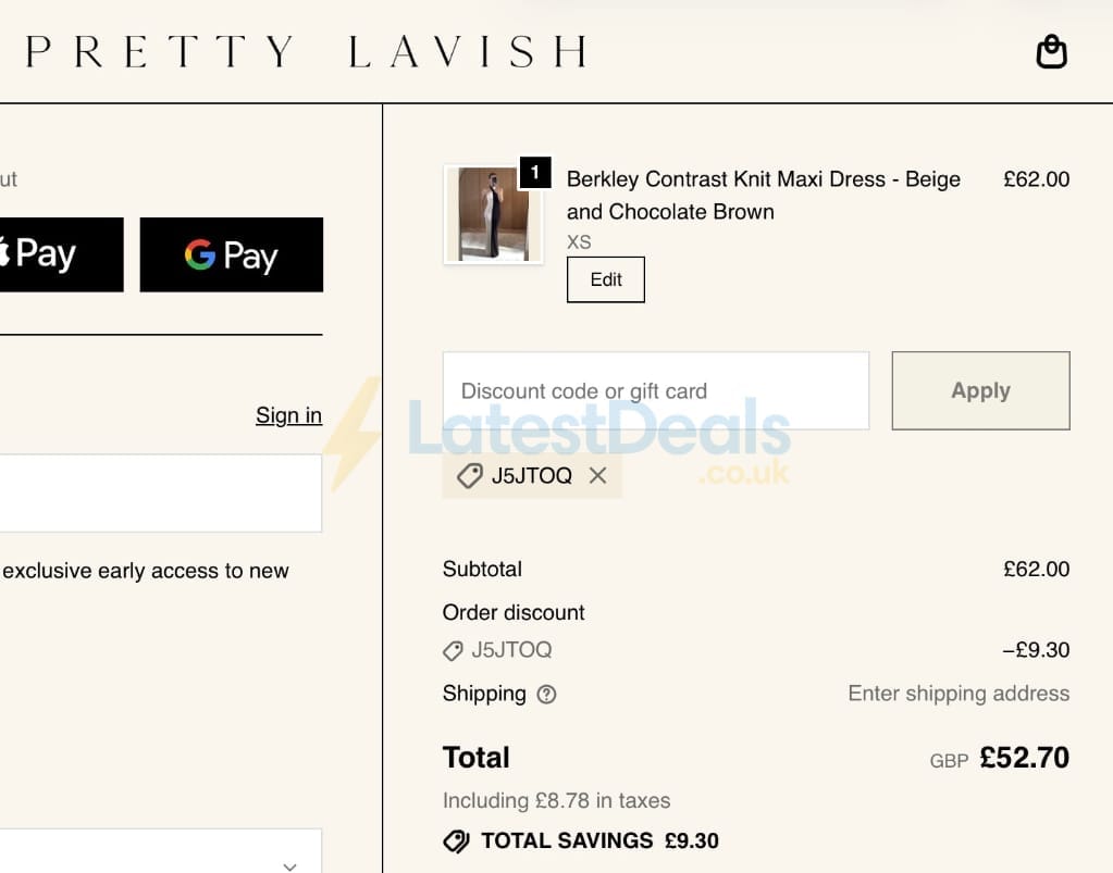 Screenshot of the Pretty Lavish discount code working