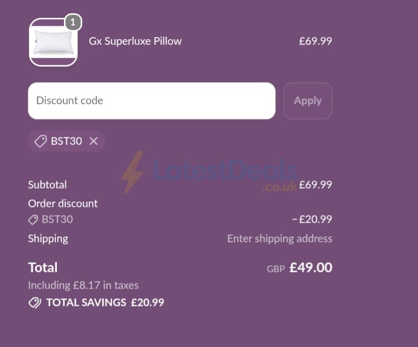 Screenshot of the Gx Pillows discount code working
