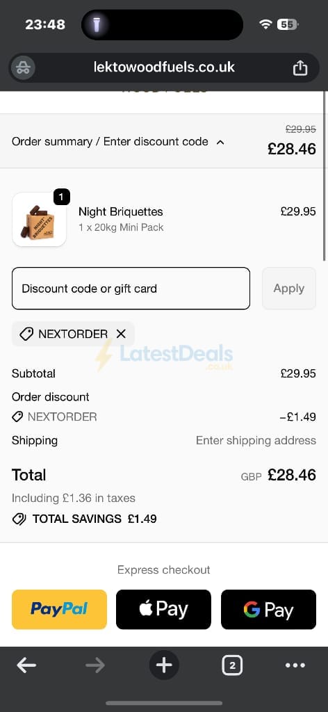 Screenshot of the Lekto Wood Fuels discount code working
