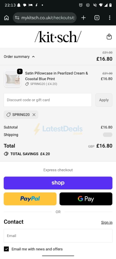 Screenshot of the KITSCH discount code working