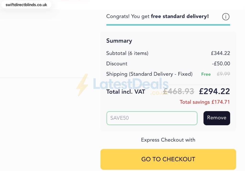 Screenshot of the Swift Direct Blinds discount code working