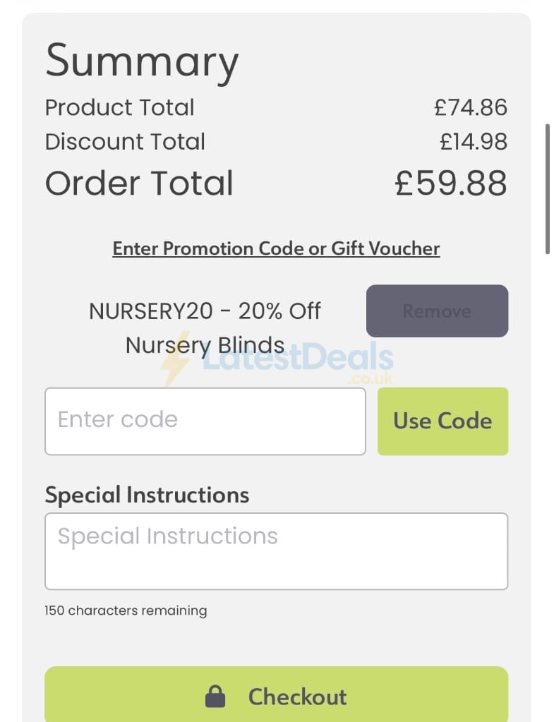 Screenshot of the Order Blinds discount code working