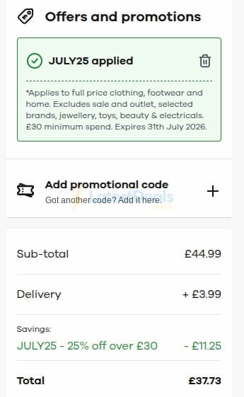 Screenshot of the JD Williams discount code working