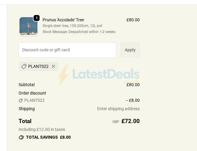 Screenshot of the Ornamental Trees discount code working