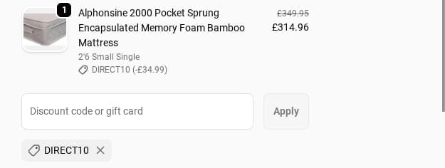 Screenshot of the Divan Base Direct discount code working