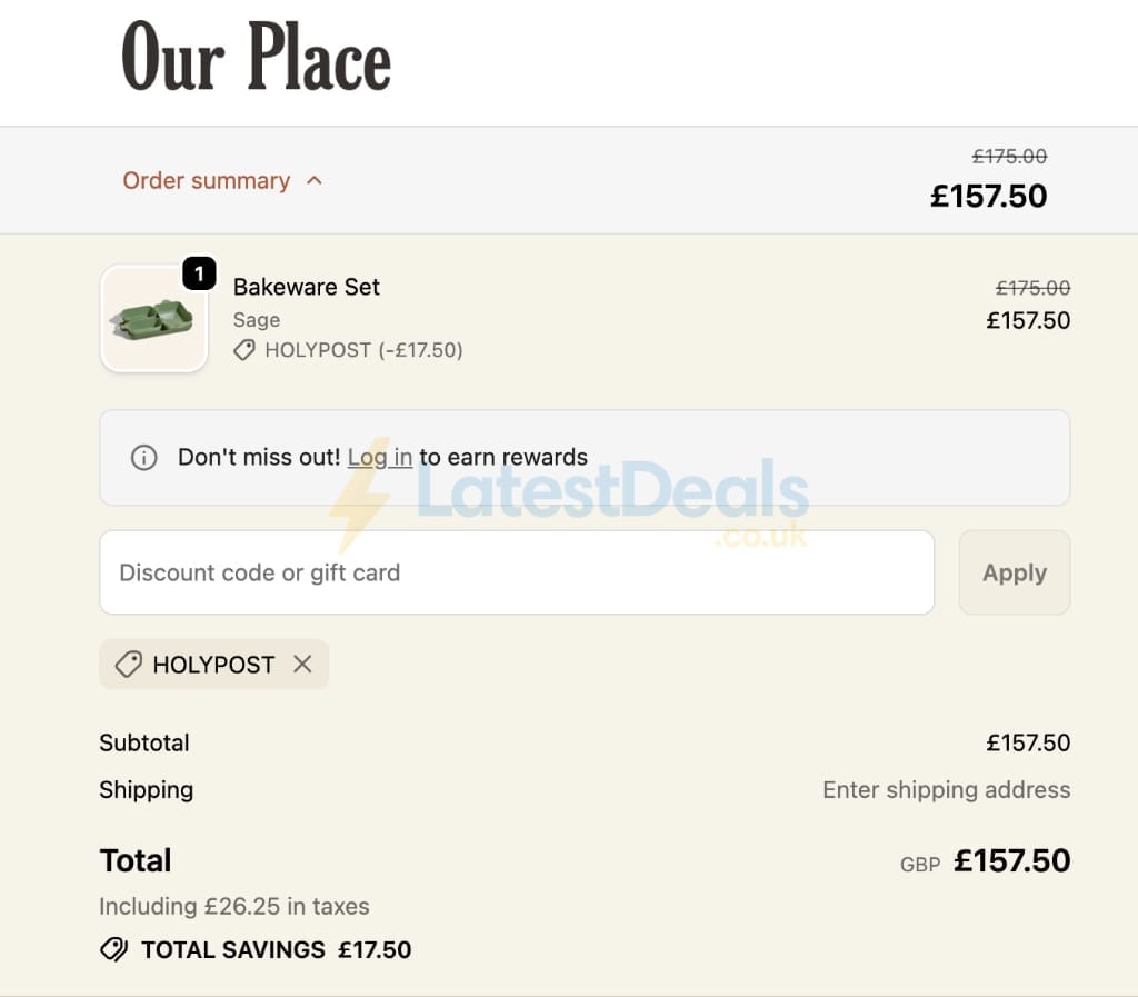 Screenshot of the Our Place discount code working
