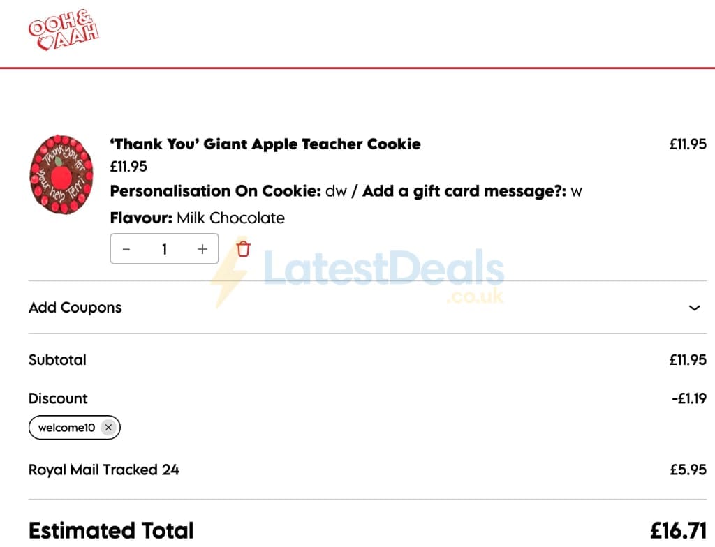 Screenshot of the Ooh & Aah Cookies discount code working