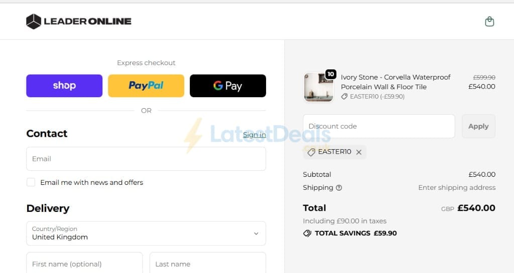 Screenshot of the Leader Floors discount code working