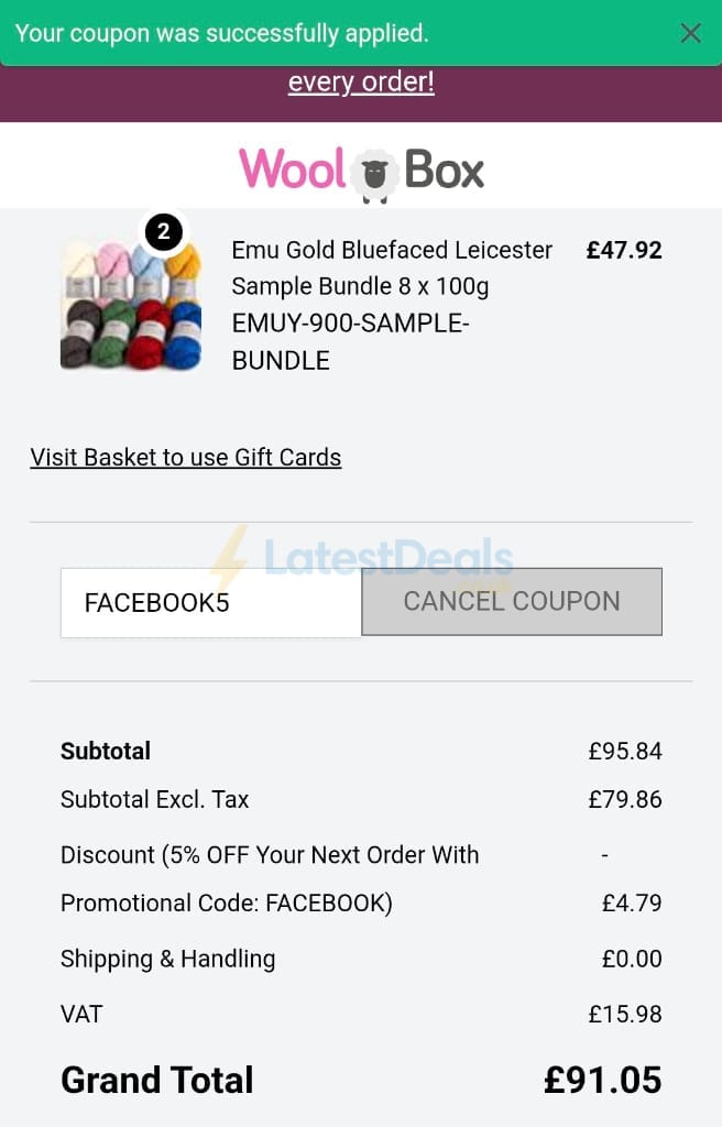 Screenshot of the WoolBox discount code working