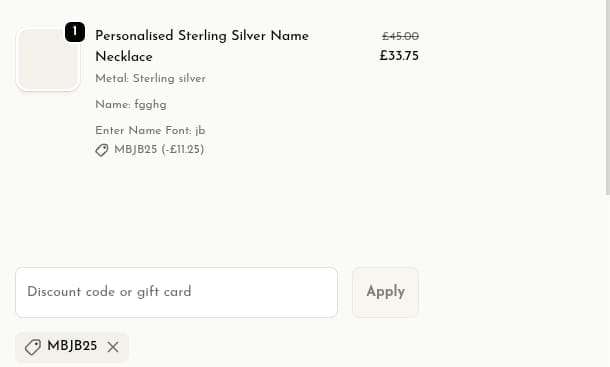 Screenshot of the Jewellery Box discount code working