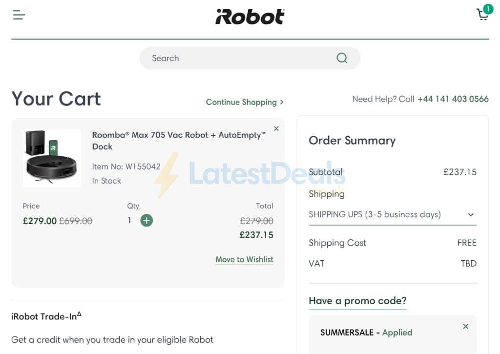 Screenshot of the iRobot discount code working