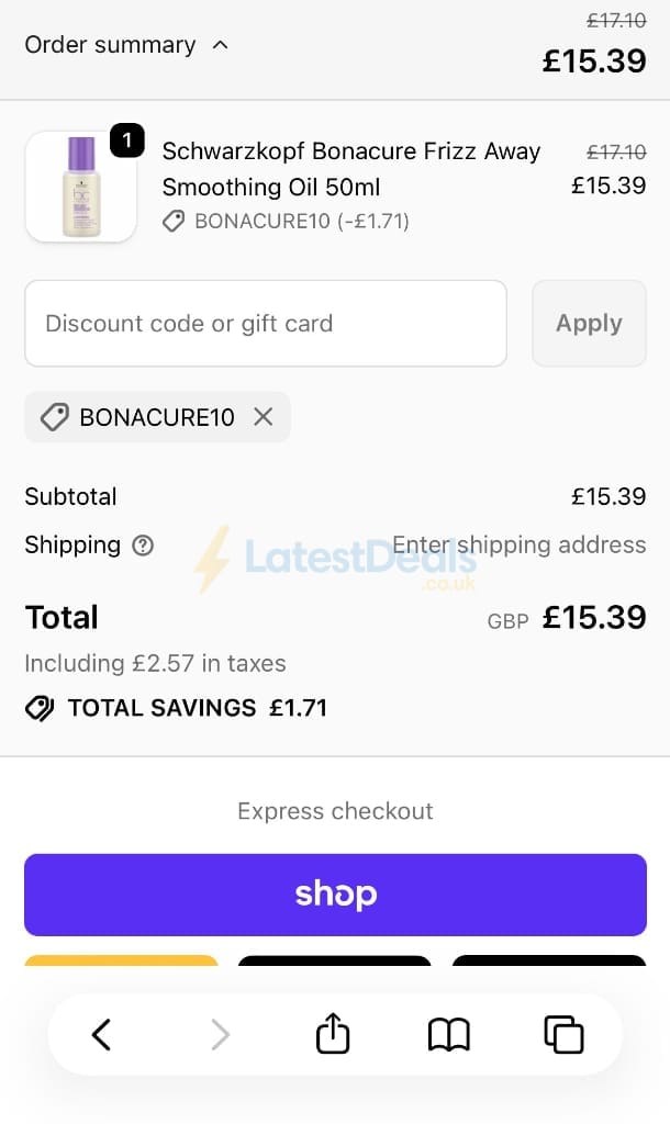 Screenshot of the HWS Beauty discount code working