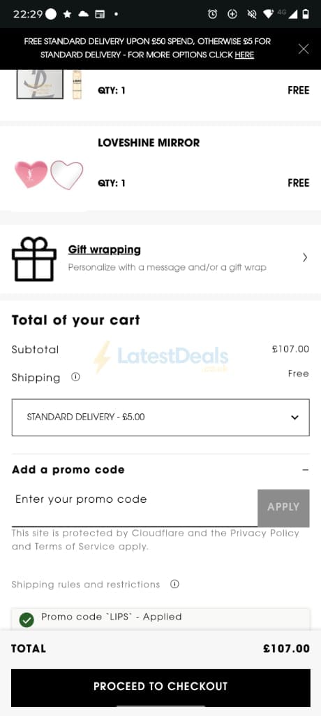 Screenshot of the Yves Saint Laurent discount code working