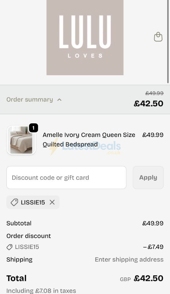 Screenshot of the LULU Loves discount code working