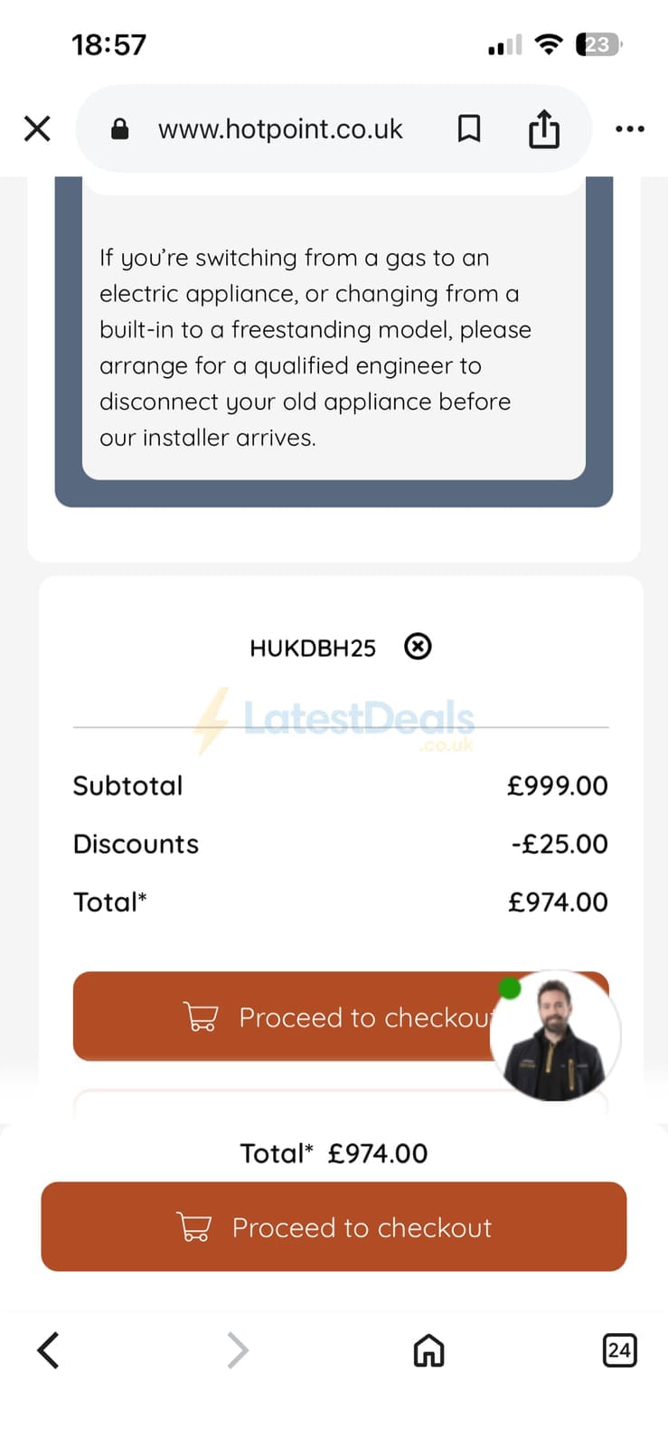 Screenshot of the Hotpoint discount code working
