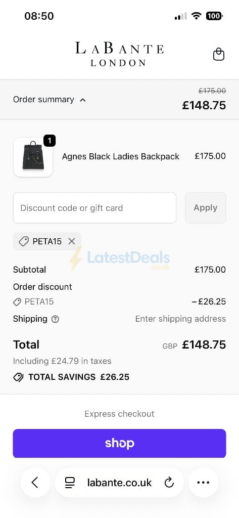 Screenshot of the Labante London discount code working