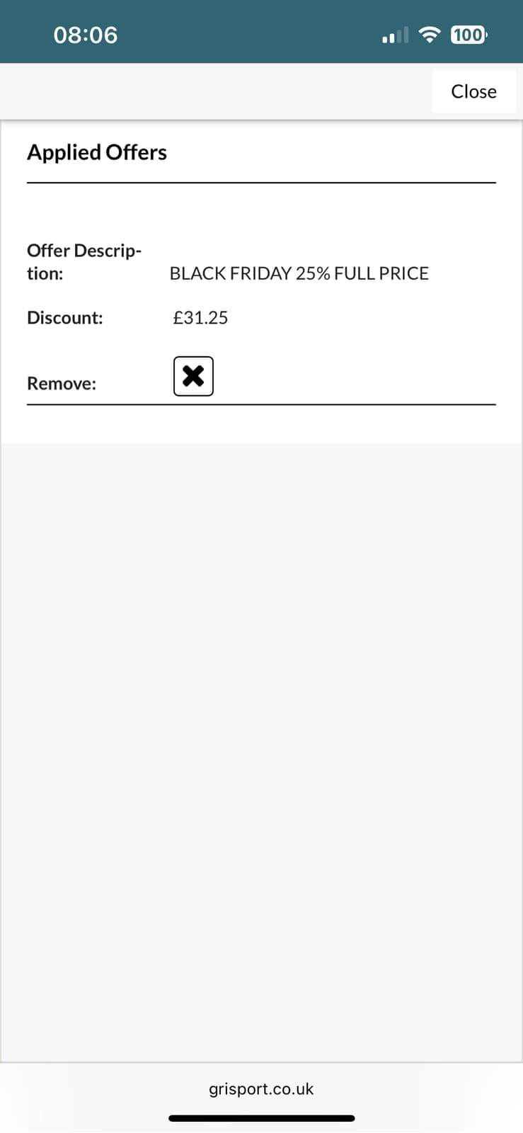 Screenshot of the Grisport discount code working