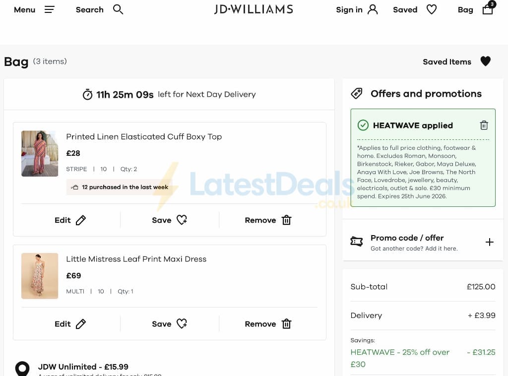 Screenshot of the JD Williams discount code working