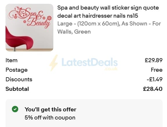 Screenshot of the ebay discount code working