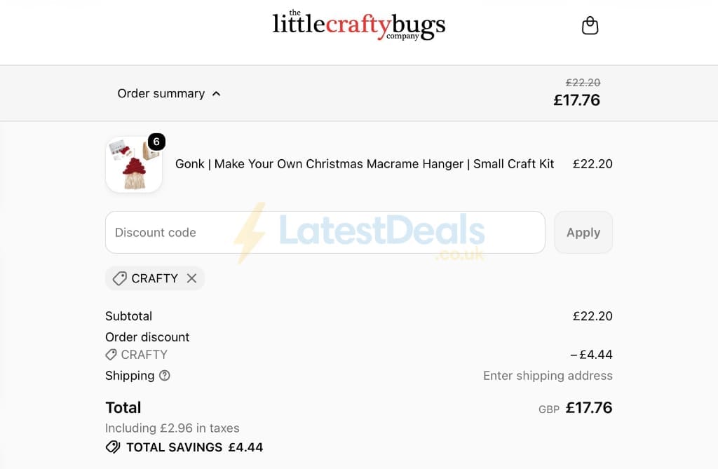 Screenshot of the Little Crafty Bugs discount code working