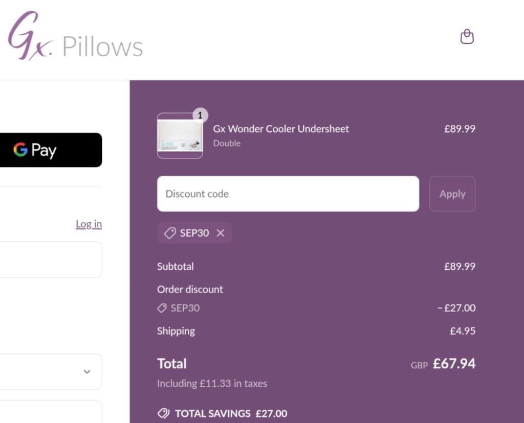 Screenshot of the Gx Pillows discount code working