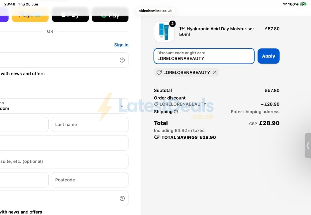 Screenshot of the skinChemists discount code working