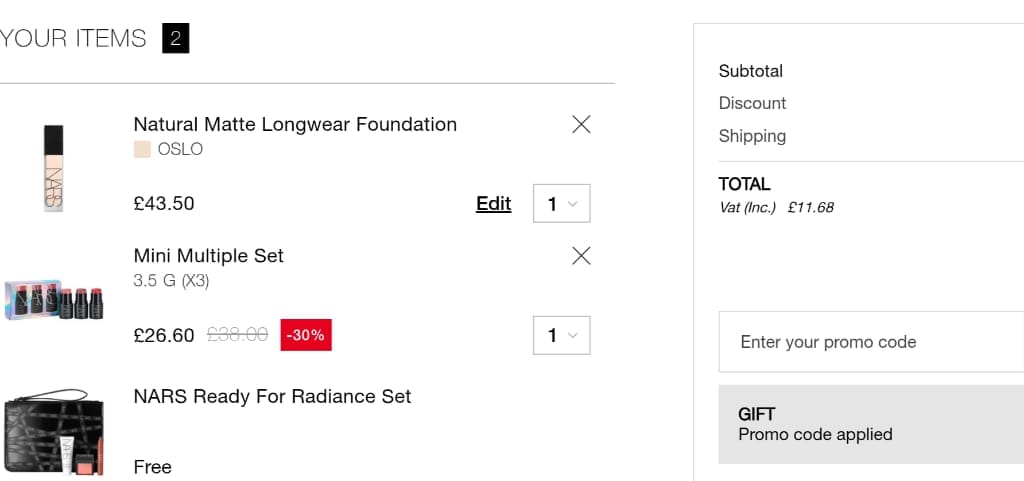 Screenshot of the NARS Cosmetics discount code working