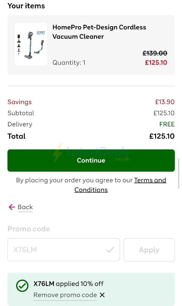 Screenshot of the Very discount code working