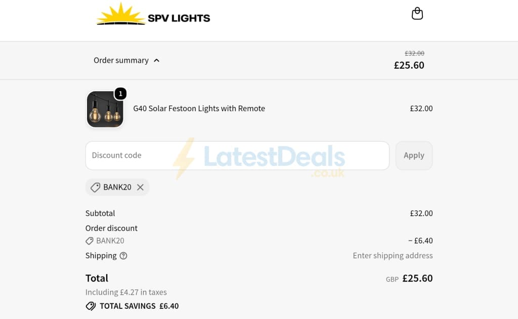 Screenshot of the SPV Lights discount code working