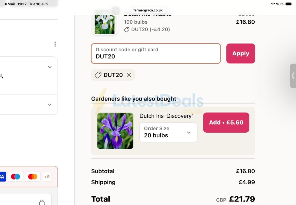Screenshot of the Farmer Gracy discount code working