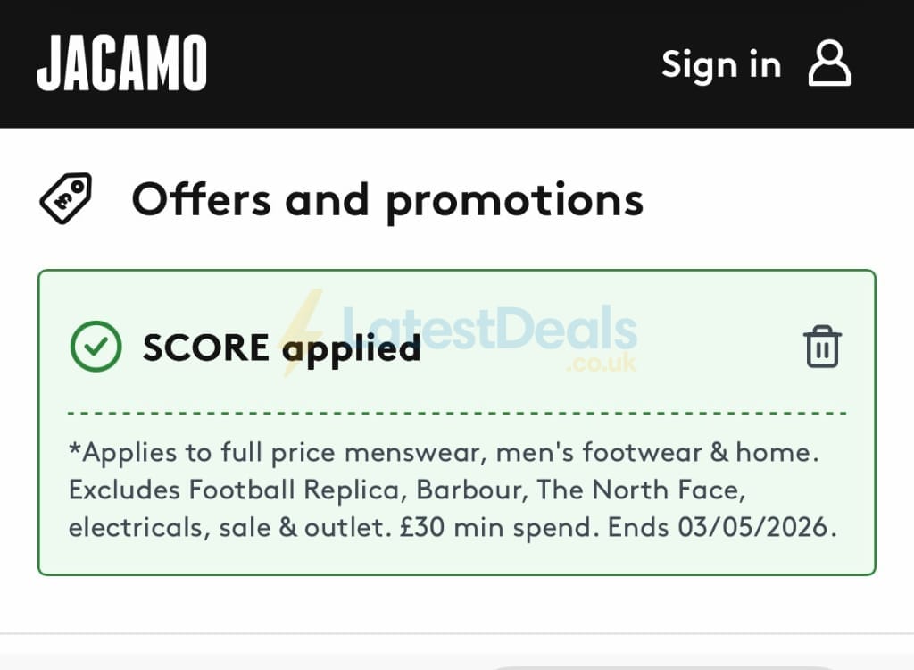 Screenshot of the Jacamo discount code working