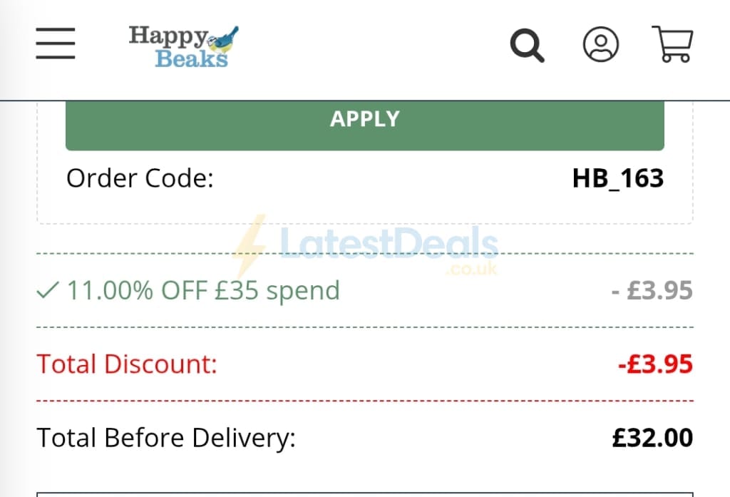 Screenshot of the Happy Beaks discount code working