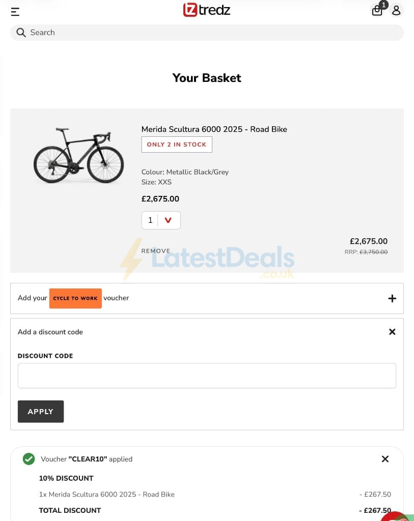 Screenshot of the Tredz Limited discount code working