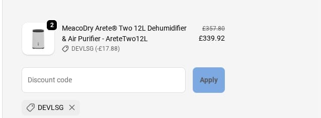 Screenshot of the Meaco Dehumidifiers discount code working