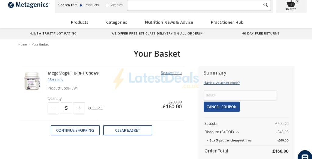 Screenshot of the Metagenics UK discount code working