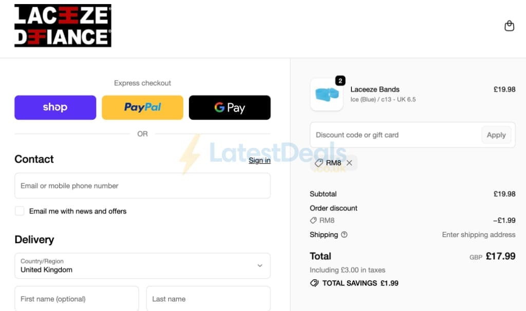 Screenshot of the Laceeze discount code working