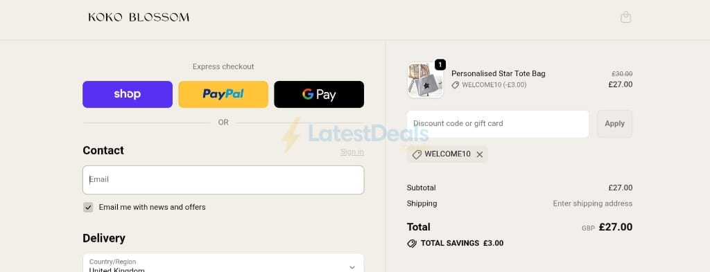 Screenshot of the Koko Blossom discount code working