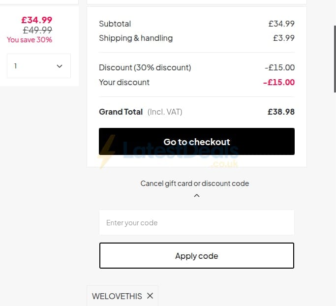 Screenshot of the Sinful discount code working