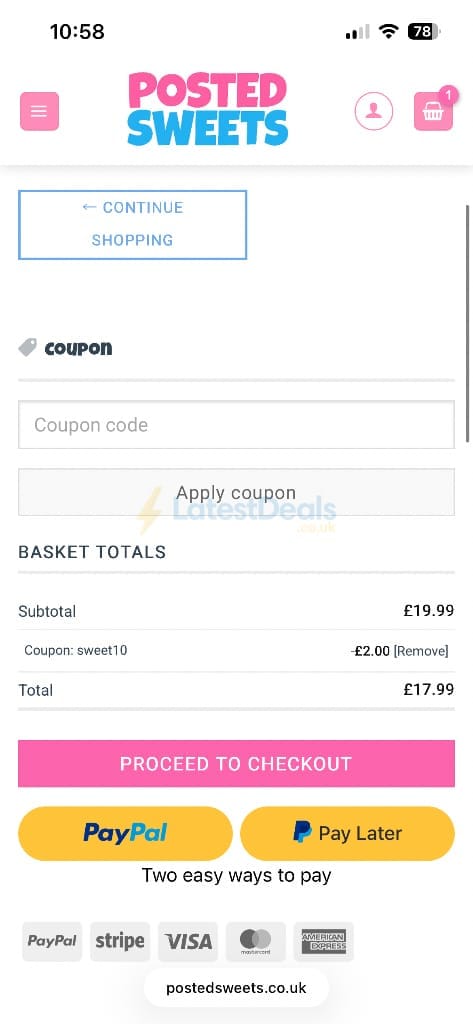 Screenshot of the Posted Sweets discount code working