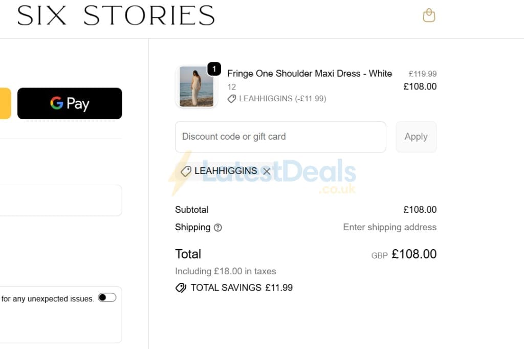 Screenshot of the Six Stories discount code working