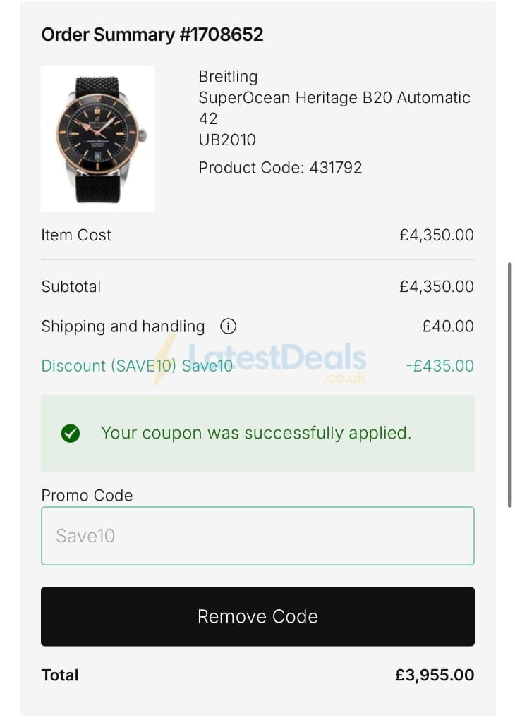 Screenshot of the Watchfinder & Co. discount code working