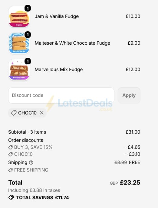 Screenshot of the The Finest Fudge Co. discount code working