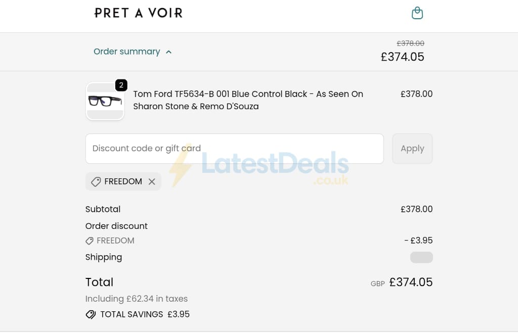 Screenshot of the Pretavoir discount code working
