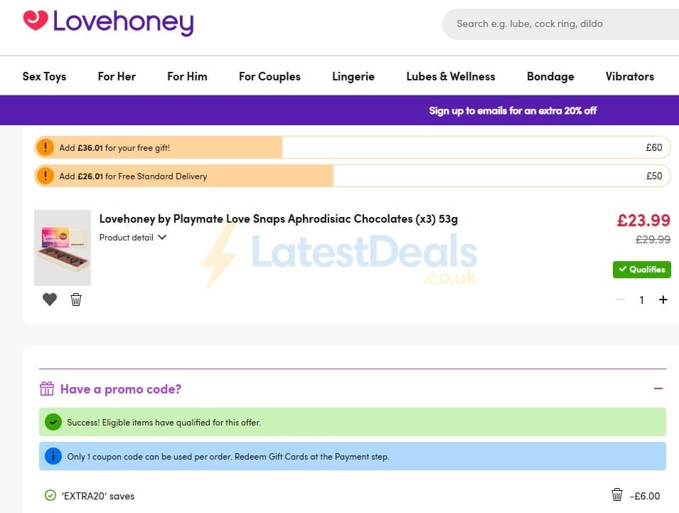 Screenshot of the Lovehoney discount code working