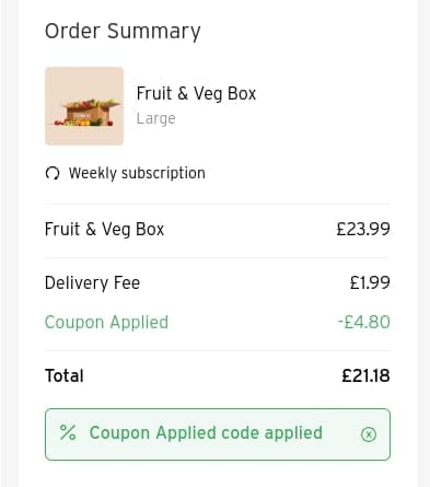 Screenshot of the Oddbox discount code working