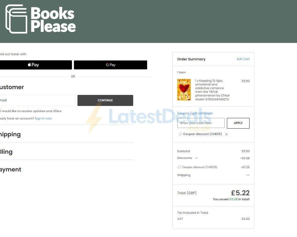 Screenshot of the Books Please discount code working