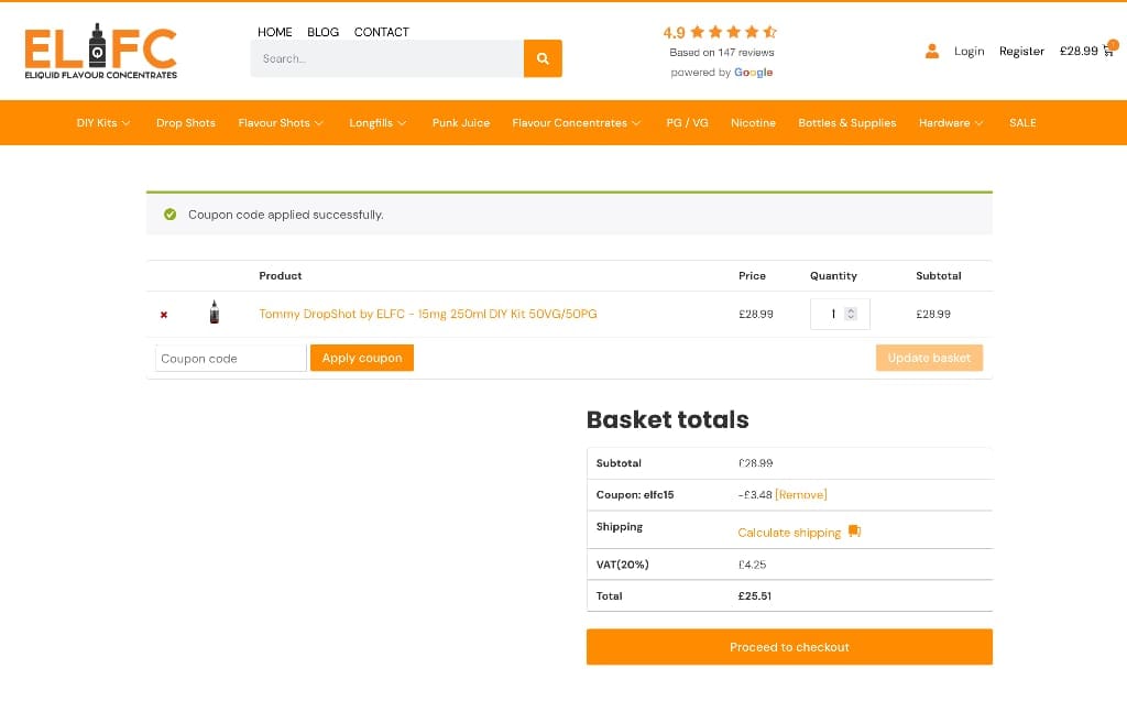 Screenshot of the Eliquid Flavour Concentrates discount code working