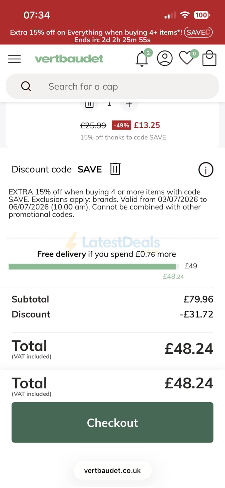 Screenshot of the Vertbaudet discount code working