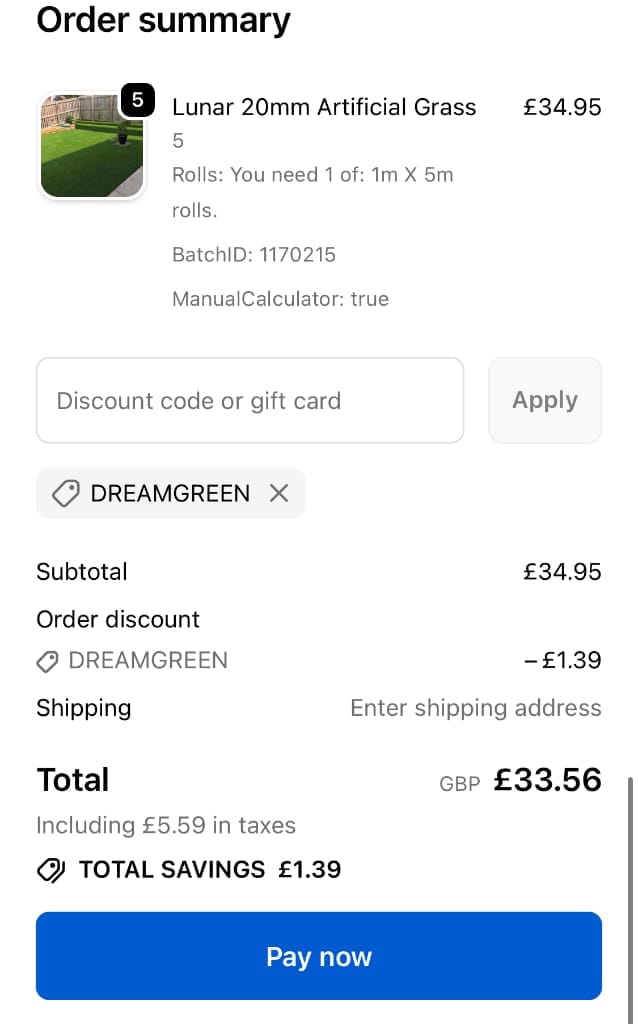 Screenshot of the GrassWarehouse discount code working
