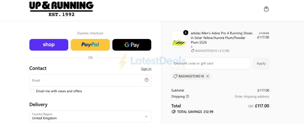 Screenshot of the Up & Running discount code working